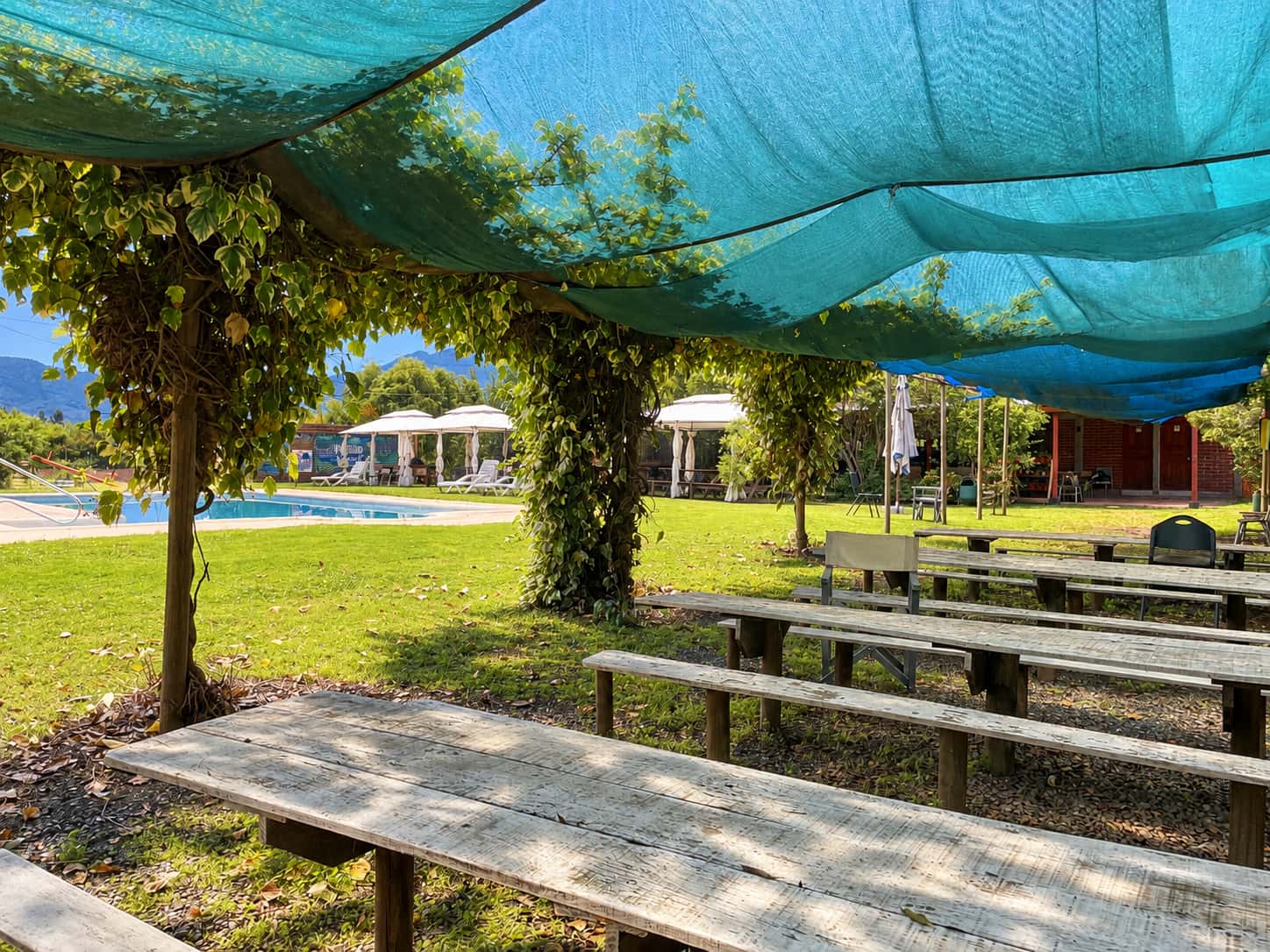 Mesas y bancas de madera bajo una malla sombra con enredaderas, con la piscina y los toldos de fondo