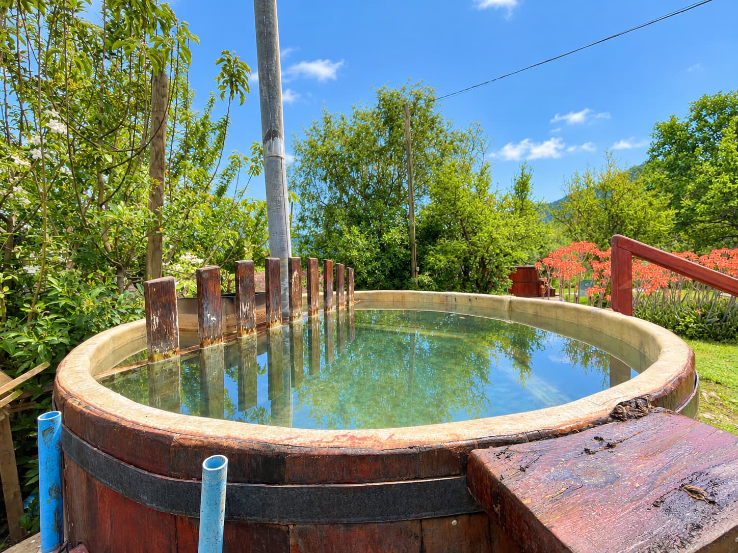 Tinaja de madera llena de agua que refleja los árboles, con aloes naranjos al fondo