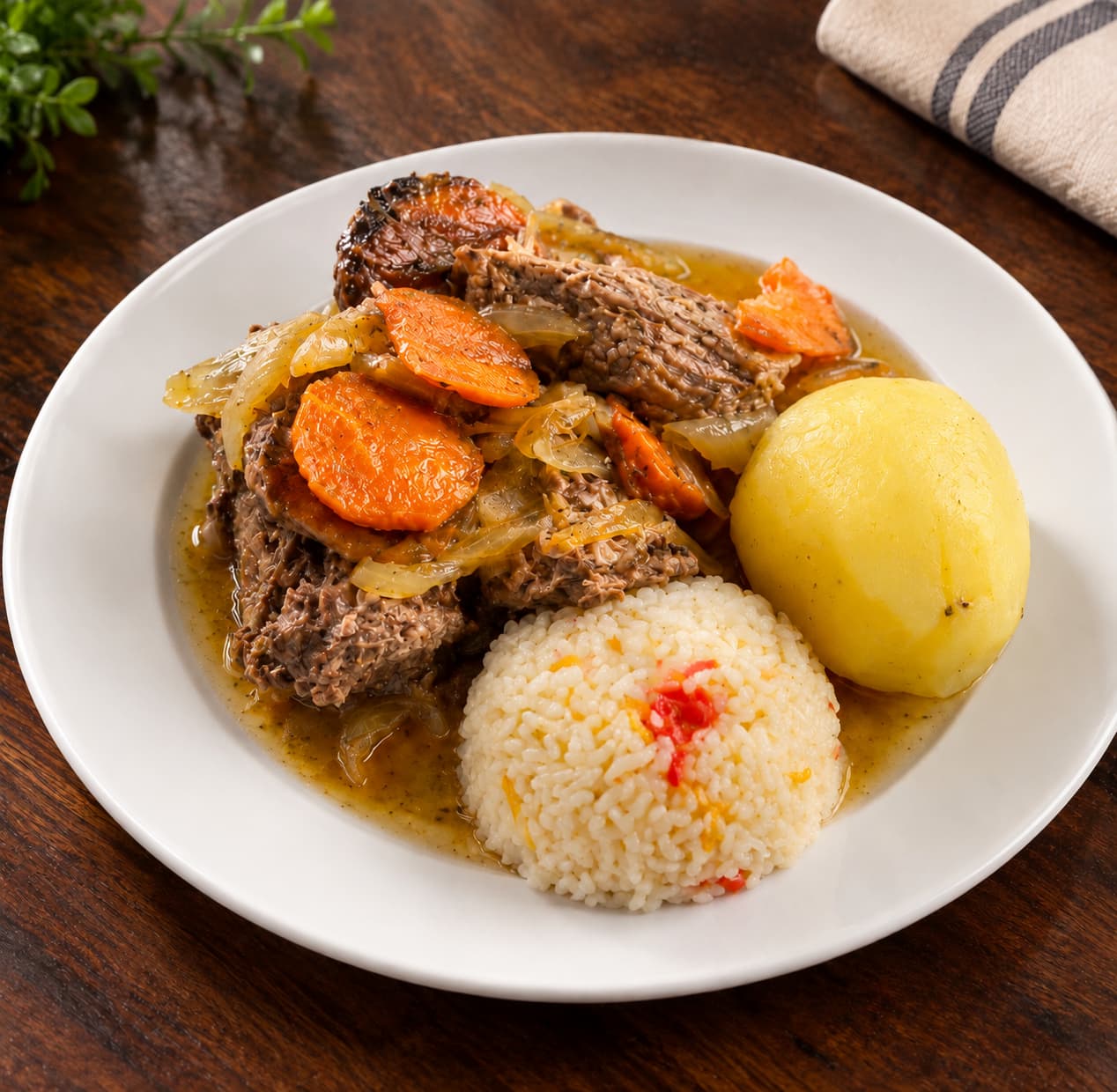 Corte de res a las verduras con zanahoria y cebolla, acompañado de arroz y papa cocida