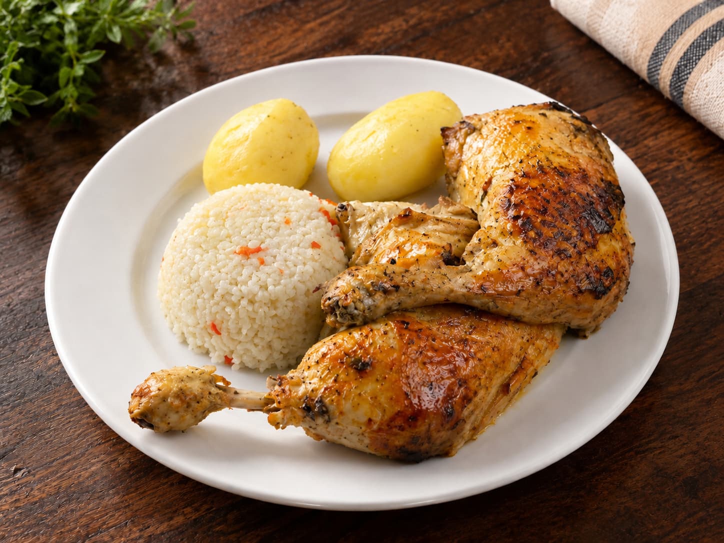 Trutros de pollo asado con arroz y papas cocidas